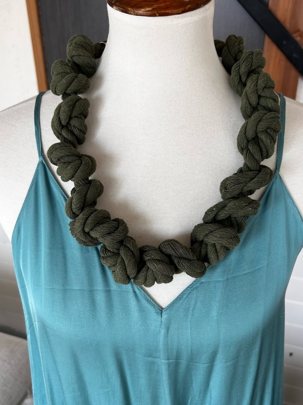 Olive Green Knotted Rope Statement Necklace Silver Tone 29”